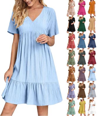Generic Womens Summer Dresses for Women UK Casual Ladies Midi Dress Elegant Beach Ruffle Flowy A Line V Neck Short Sleeve Shirt Sundress Black Dress for Women