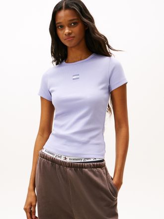 Tommy Jeans Kurzarmshirt TOMMY JEANS TJW SLIM BADGE RIB TEE, Damen, Gr. XL (42), periwinkle dusk, Single Jersey, Obermaterial: 95% Baumwolle, 5% Elasthan, unifarb
