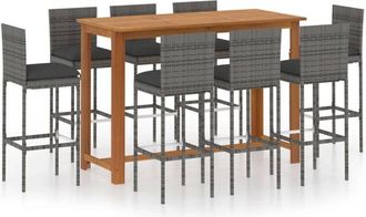 vidaXL Set De Bar Para Jard&iacute;n 9 Piezas Y Cojines Rat&aacute;n Sint&eacute;tico Gris Vidaxl
