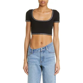Alexander Wang Crystal Logo Trim Crop Top in Black at Nordstrom, Size Large