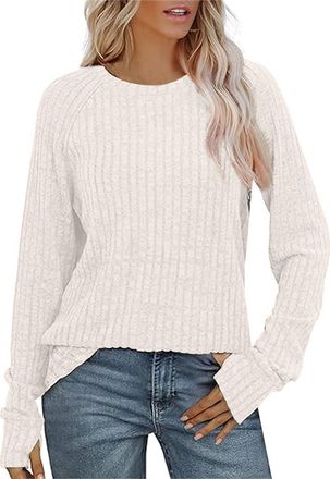 Generic Womens Long Sleeve Knitted Jumper Loose Casual Pullover with Ribbed Details Thumb Holes Solid Tunic Style Tops for UK Ladies Winter Jumpers for Women 