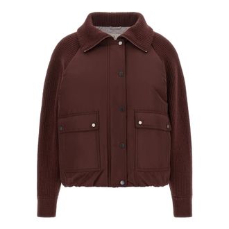 Brunello Cucinelli Knit-Sleeve Techno Crinkled Cotton Padded Jacket - female - Brunello Cucinelli - Light Jackets - Red - XS - Jackets