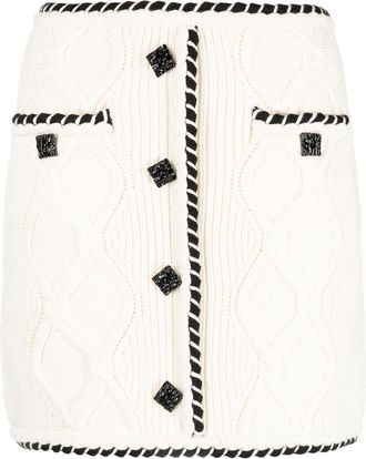 Self Portrait Cable Knit button-embellished miniskirt - women - Polyester/Cotton/Wool - M - White