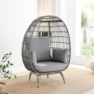 Furniturebox Grey Rattan Garden Egg Chair in PE Resin Rattan for Outdoors & 15cm Luxuriously Thick Cushions - Patio Chair