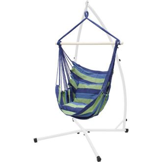 ECD Germany Silla Colgante Con Soporte 208cm, Hamaca De Algod&oacute;n Azul Y Verde, 2 Cojines, Hasta 120 Kg, Columpio Con Armaz&oacute;n De Metal, Asiento Colgante Para Interi