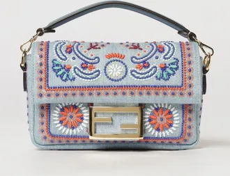 Fendi Borsa Baguette in denim con ricami di perline e manico amovibile