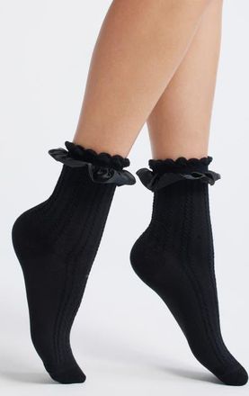 Casa Clara Love Chelsea Ruffle Cotton Blend Pointelle Crew Socks in Black at Nordstrom
