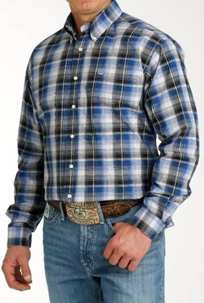 Cinch Mens Classic Fit Long Sleeve Blue Plaid Shirt In Royal