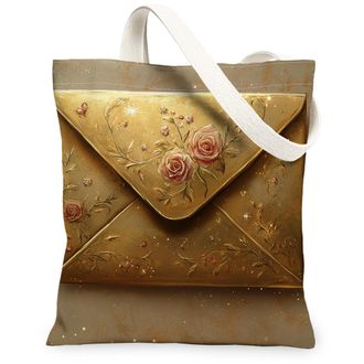 Generic Floral Canvas Tote Bags, Elegant Rose Pattern Reusable Grocery Bags, Vintage Lightweight Washable Shoulder Strap Canvas for Travel Beach 13x15 Inch