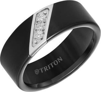 Triton 8mm Black Tungsten Carbide Ring with Diagonal Set Diamonds and Satin Finish with Flat Edge at Nordstrom, Size 11.5