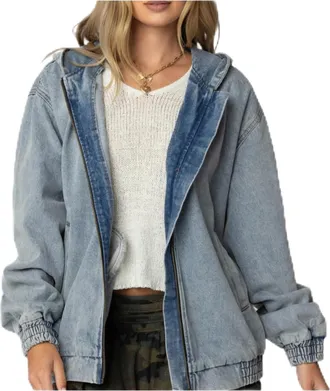 Generic Womens Oversized Hooded Denim Jacket - Zip Up Washed Retro Jean Coat with Ribbed Cuffs, Casual Outerwear (Blue, L)