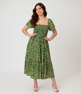 Unique Vintage Smocked Bodice Midi Dress in Green Strawberry Print at Nordstrom, Size X-Small