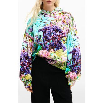 Desigual Printed Oversize Cotton Hoodie in Aqua/Green/Black Multi at Nordstrom, Size Medium