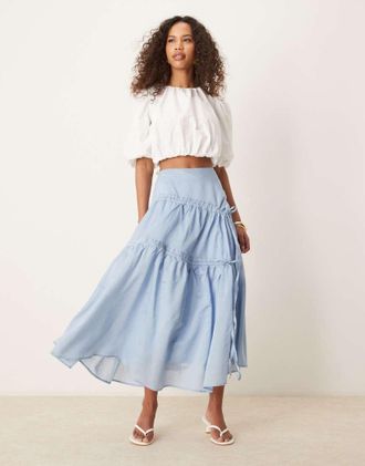 Ghospell ruched midi skirt in sky blue