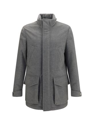 Brunello Cucinelli Mens Jacket Cashmere Zip And Buttons Pearl Grey