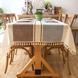 OEM Mantel Rectangular Lavable De Algod&oacute;n Y Lino Con Pompones, Resistente Al Polvo, Para Decoraci&oacute;n De Cocina (rayas Azul Caf&eacute;, 140 X 180 Cm) -crezuo