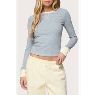 Edikted Rora Contrast Trim Crop Cotton Blend Waffle Top in Gray-Melange at Nordstrom, Size X-Small