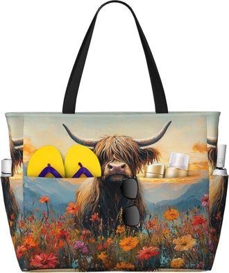Generic Flower Highland Cow Print Large Beach Bag Foldable Travel Shoulder Tote Bag With Pocket For Weekender Pool Vacation