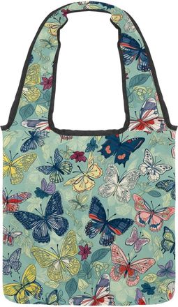 Generic Colorful Butterflies Pattern Reversible Canvas Shoulder Tote - Double-Sided Print, 12oz Cotton, 27cm Drop, Fold-Flat Bag for Travel, Shopping, Street 