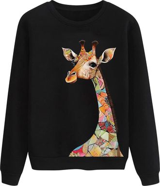 Generic Womens Fashion Giraffe Print Drop Shoulder Sweatshirt Casual Long Sleeve Pullover Top Soft Comfortable Loose Fit Tunic Blouse (Black, L)