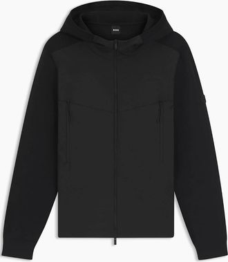 HUGO BOSS Mens Solid Patterned Hooded Ribbed Cuff Rain Jacket with Logo Badge - Black - Size: 40/Regular