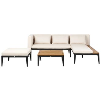 Beliani Conjunto De Jard&iacute;n 3 Plazas De Madera De Acacia Certificada Sof&aacute; Esquinero Con Mesa De Centro Y Otomana Cojines Beige Claro Izquierdo Bracciano