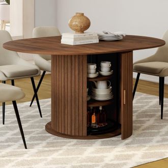 IDMarket Juliette Mesa De Comedor Redonda Extensible Para 4-8 Personas Con Patas De Listones Y Almacenaje De Nogal 110-150 Cm