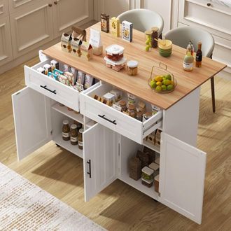 Matteo White & Natural Kitchen Island - Foldable Top, Storage & Wheels