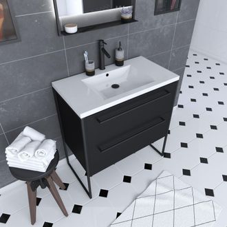 Aurlane Aurlane - Mueble De Ba&ntilde;o 80x50 Negro Mate - 2 Cajones Negro Mate - Lavabo Blanco - Structura