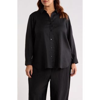 Eileen Fisher Classic Collar Organic Linen Long Button-Up Shirt in Black at Nordstrom, Size 2X