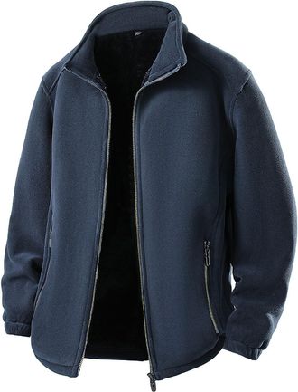 Generic Navy Mens Full Zip Fleece Jackets - Solid Color, Long Sleeve, Zip Front, Hoodless, Zipper Pockets, Loose Fit, Plus Size, Winter Thermal Bodywarmer, Wa