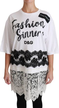Dolce & Gabbana Womens Lace-Trimmed Logo-Print T-Shirt White Cotton Polyester Nylon