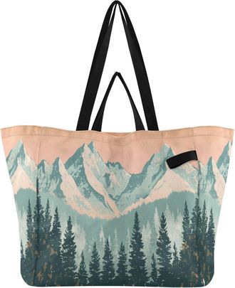 Generic Mountain Pine Tree Orange print Reusable Canvas Tote Bag, Heavy Duty Grocery Shopping Bag with Hard Bottom Large Capacity Double Handles Work Grocerie