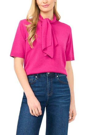 CeCe by Cynthia Steffe Tie Neck Short Sleeve Sweater in Peony Punch at Nordstrom, Size X-Large