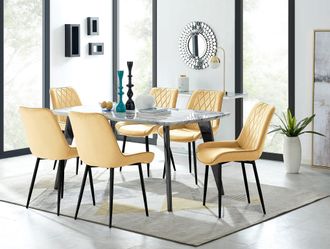 Furniturebox Andria White Marble Effect & Black Leg 6 Seater Dining Table & 6 Pesaro Soft Velvet Chairs in Mustard