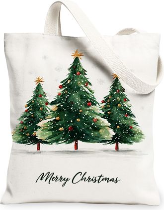 Generic Christmas Tree Canvas Tote Bags, Holiday Floral Design Reusable Grocery Bags, Vintage Lightweight Washable Shoulder Strap, White, 13x15 Inch