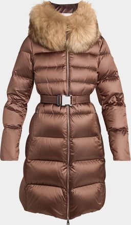 Moncler Leersie Hooded Shearling-Trimmed Long Down Jacket