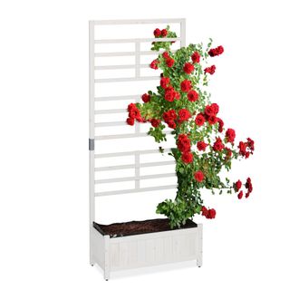 Relaxdays Relaxdays Jardinera Con Enrejado, 171 X 71,5 X 32 Cm, Macetero Con Panel Enredaderas, Balc&oacute;n Y Jard&iacute;n, Madera, Blanco