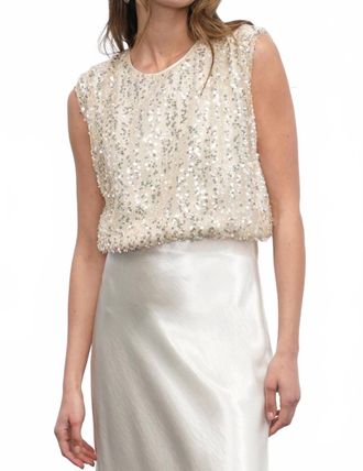 Greylin Liberty Padded Shoulder Bubble Hem Sequin Top In White