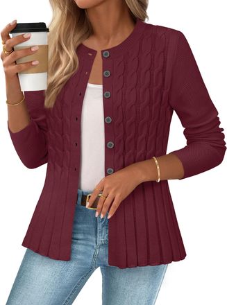 Merokeety Womens Cable Knit Peplum Cardigan Sweaters 2025 Trendy Fall Open Front Button Down Soft Knitted Coat, Wine, XL