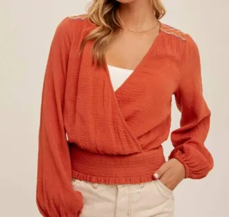 Hem & Thread Embroidered Top In Rust