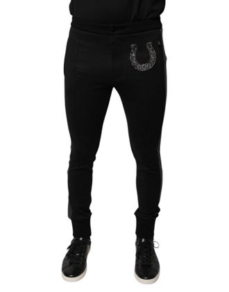 Dolce & Gabbana Mens Black Horseshoe Embellished Wool Slim Fit Pants