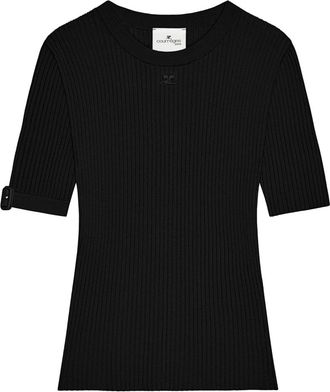 Courr&egrave;ges Buckle Rib Knit Top - Dames - Ronde hals truien - Zwart - M - Polyester - Truien & Vesten