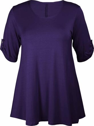 Purple Hanger New Womens Plus Size Stretch Fit Round Neck Plain Button Tops Ladies Three Quarter Turn Up Sleeve T-Shirt Top Purple Size 26 - 28