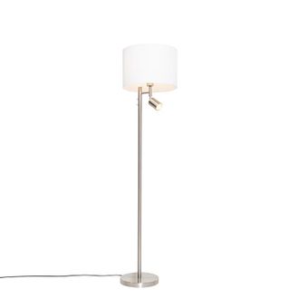 QAZQA Moderno L&aacute;mpara De Pie De Acero Con Pantalla Blanca Y Luz De Lectura - Jelena Acero /textil Redonda Adecuado Para Led Max. 1 X 40 Watt - Qazqa