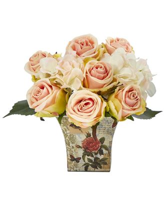 Nearly Natural 8in Rose & Hydrangea Bouquet Artificial Arrangement in Floral Vase