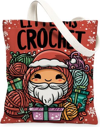Generic Christmas Yarn Canvas Tote Bags, Santa Crochet Pattern Reusable Shopping Bags, Holiday Lightweight Washable Shoulder Strap, Red, 13x15 Inch