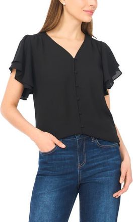 CeCe by Cynthia Steffe Double Flutter Sleeve V-Neck Top in Rich Black at Nordstrom, Size X-Large