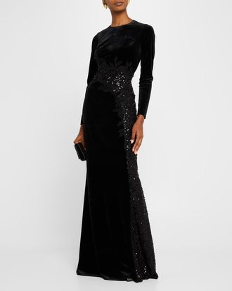 Teri Jon Floral-Embroidered Sequin Velvet Gown