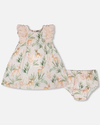 Deux par Deux Muslin Dress and Bloomer Deer Printed Set in Peach Deer Print at Nordstrom, Size 24M